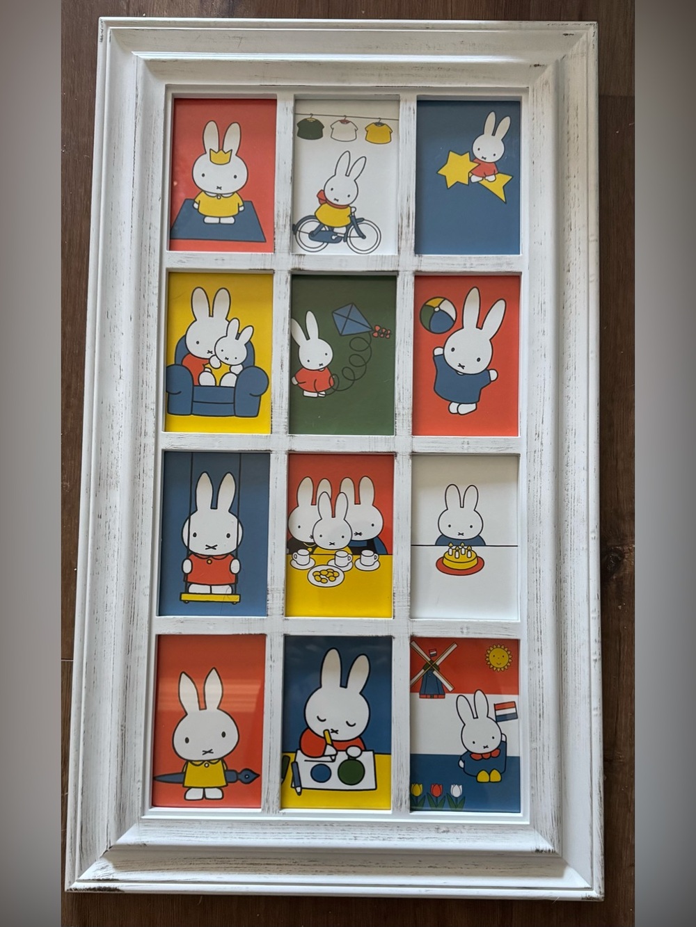 MIFFY-NWT Large Distressed White Wooden/Glass Frame with 12 Pictures